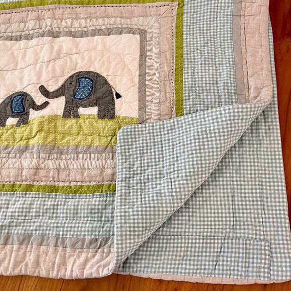 Pottery Barn Kids Comforter Crib Quilt Safari Zoo Animals Gingham - Picture 4 of 12